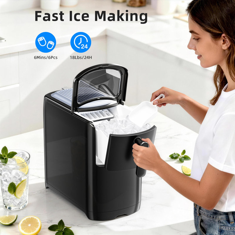 Compact 18Lbs/Day  Countertop Ice Maker - 6Pcs Bullet Ice In 8 Mins, Self-Cleaning & Low Noise, Black