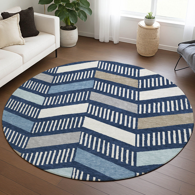 Machine Washable Indoor/Outdoor Chantille ACN2911 Geometric Rug, Navy, 8' Round
