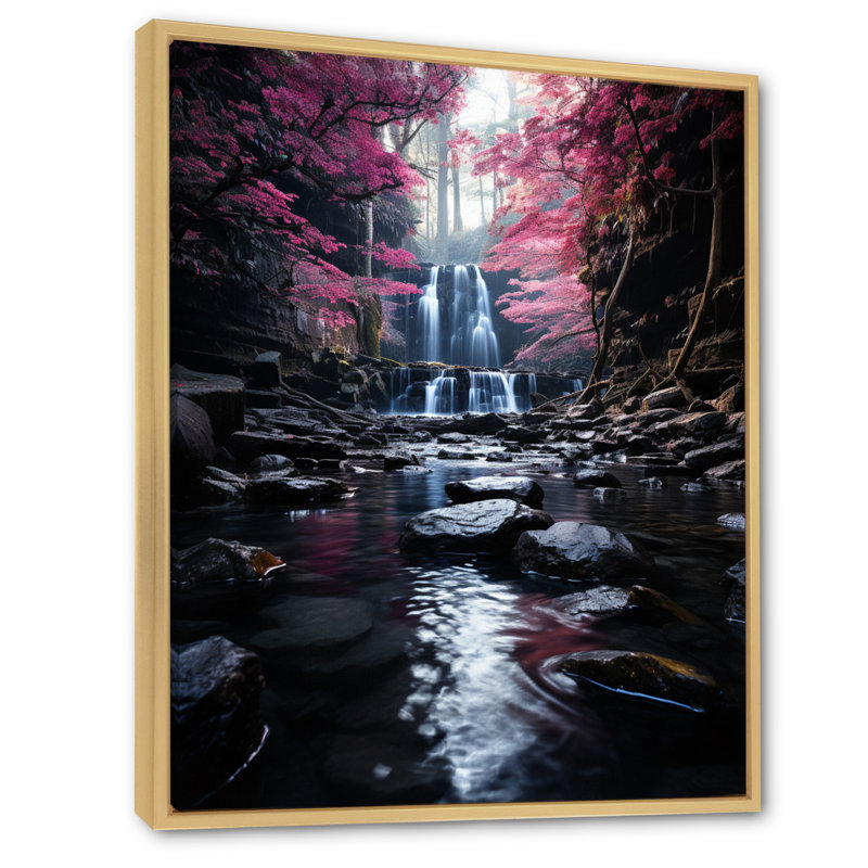 «Pink Tree Waterfall Uncharted Journey I», reproduction sur toile, Cadre naturel flottant, H 40 po x l 30 po x P 1,5 po