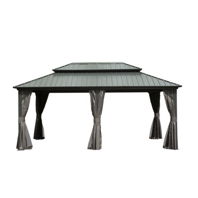 Hardtop Gazebo, Aluminum Metal Gazebo with Galvanized Steel Double Roof Canopy, Curtain and Netting, Permanent Gazebo Pavilion for Party,Backyard and Lawn