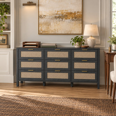 Commode à 9 tiroirs de 147 cm de large pour chambre à coucher, commode de rangement en rotin - Noir