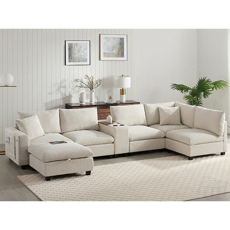Canapé modulaire surdimensionné de 140 po avec repose-pieds de rangement mobile, poches amovibles, porte-gobelets, chargeur USB et sièges larges pour une vie confortable, modulaire