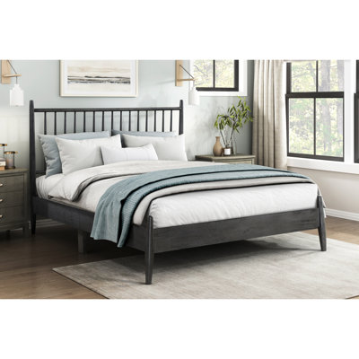 Grand lit en bois gris avec une touche moderne de style Mid-Century, tête de lit à lattes, sans sommier pour le lit de la chambre à coucher, lattes requises