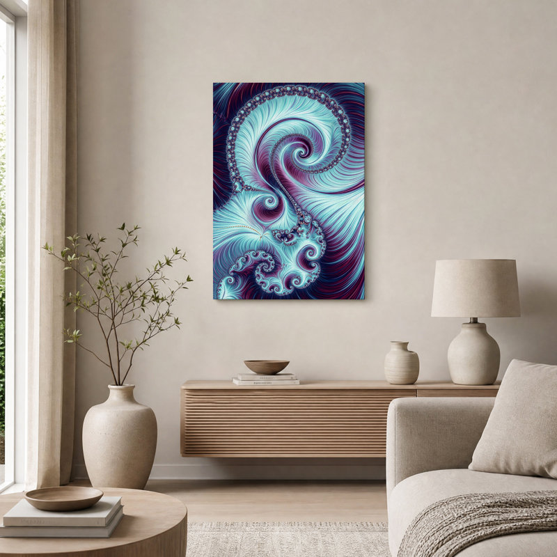 Toile murale abstraite en spirale fractale turquoise et violette, 48"H x 32"W