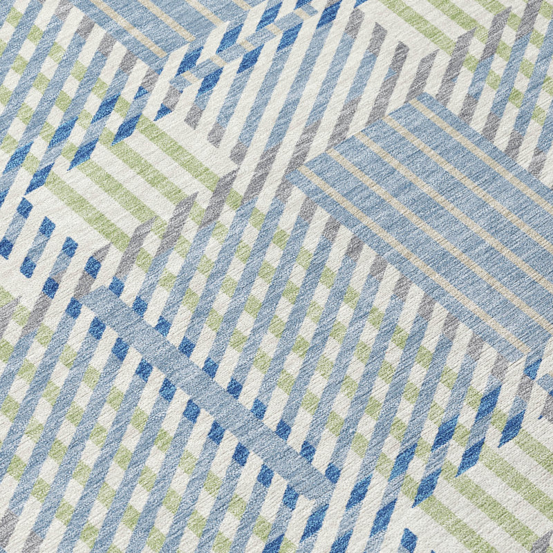 Machine Washable Denim Plaid Rectangular Synthetic Rug