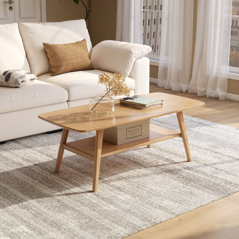 NRLBSC Solid Wood Four Leg Coffee Table with Storage, 100cm, Brown Oak
