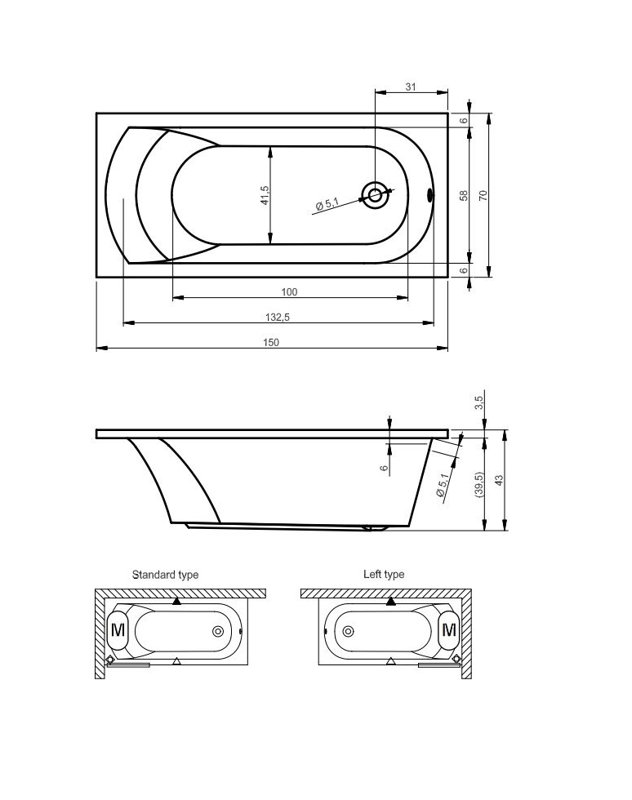 x 800mm Soaking Acrylic Bathtub, 80cm H x 160cm L x 80cm D