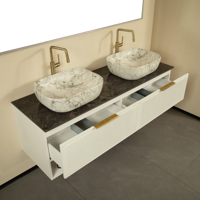 Meuble-lavabo mural double 60 po avec éclairage à DEL, plateau en pierre frittée noire et armoire de rangement pré-assemblée Absher