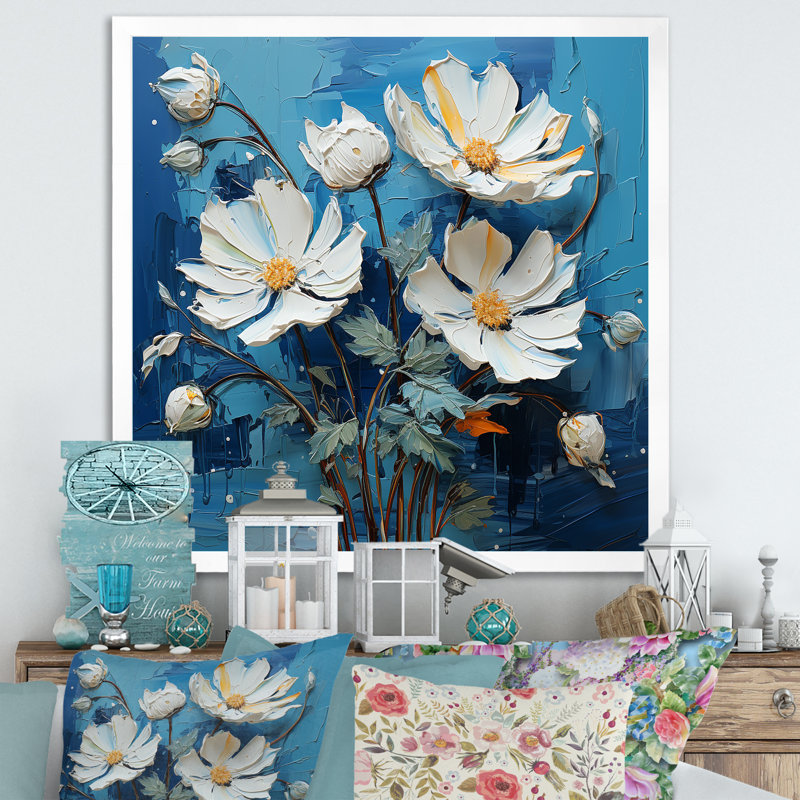 Fleurs blanches et bleues excentriques - salon d'art mural fleurs_105834, Cadre photo blanc, H 16 po x l 16 po x P 1 po