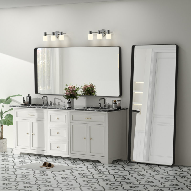 Molly Tempered Glass and Metal Framed French Cleat Mounted Wall Bathroom / Vanity Mirror, 72" x 32", Black