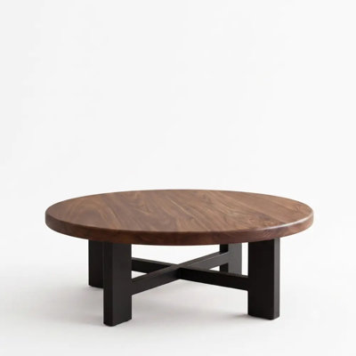 Harlow Solid Walnut Wood Round Coffee Table - Handcrafted Farmhouse Coffee Table with Black Solid Wood Base