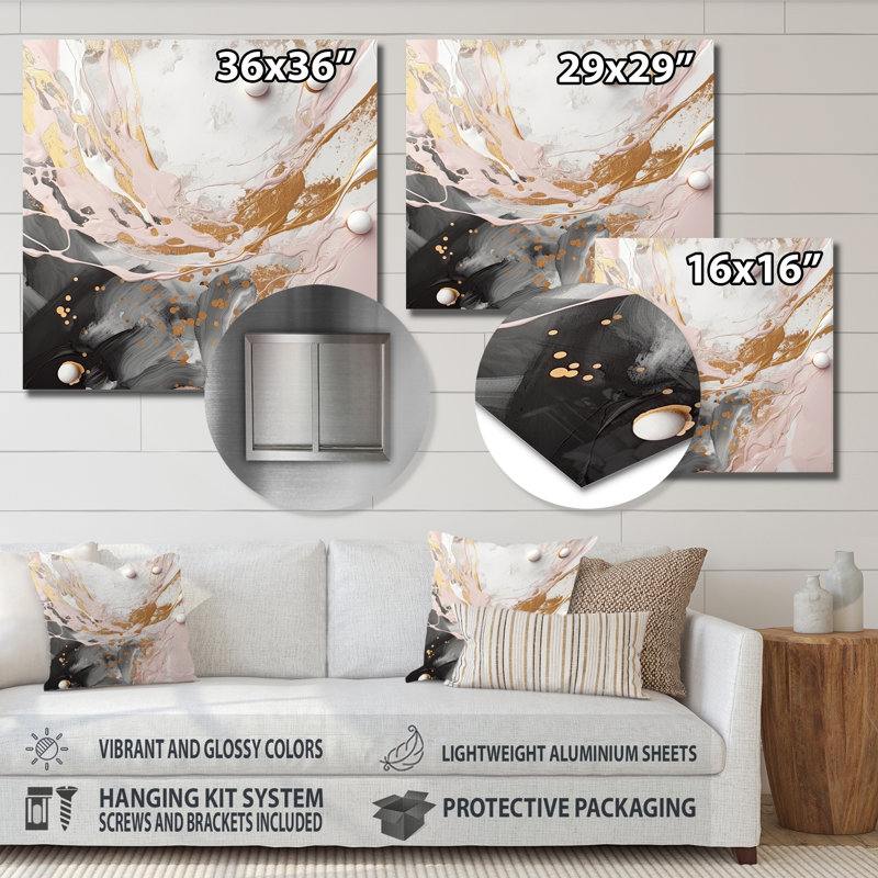 Gris et rose mystérieux marbre - art mural abstrait en métal marbré, H 16 po x l 16 po x P 1 po