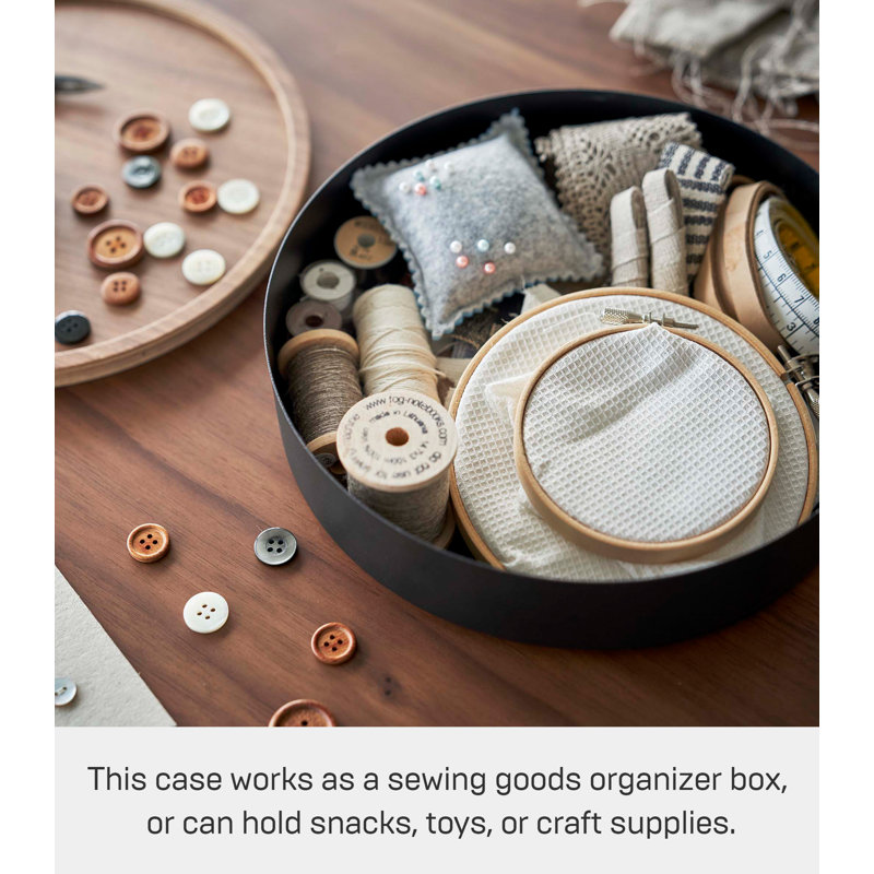Black Steel and Wood Round Storage Bin