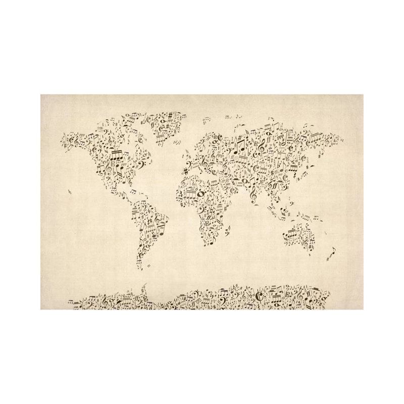 « music notes map of the world » par michael tompsett, impression sur toile, H 40 po x l 60 po x P 1,5 po, Toile tendue