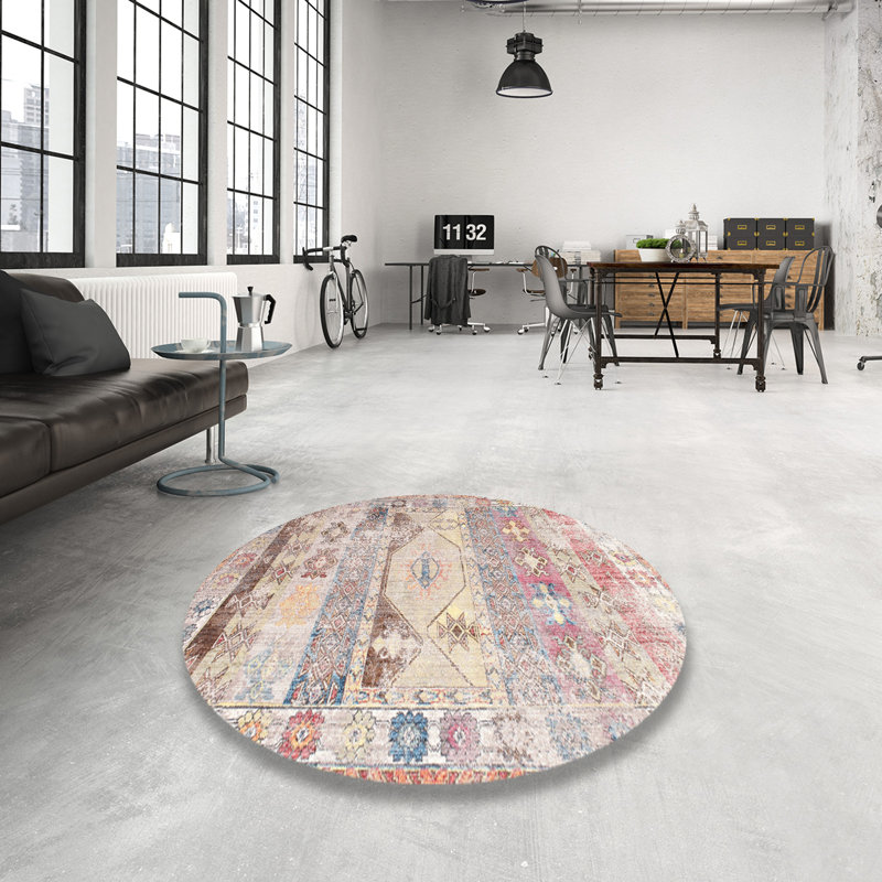 Tapis traditionnel rose / rouge / bleu, Rond 4 pi