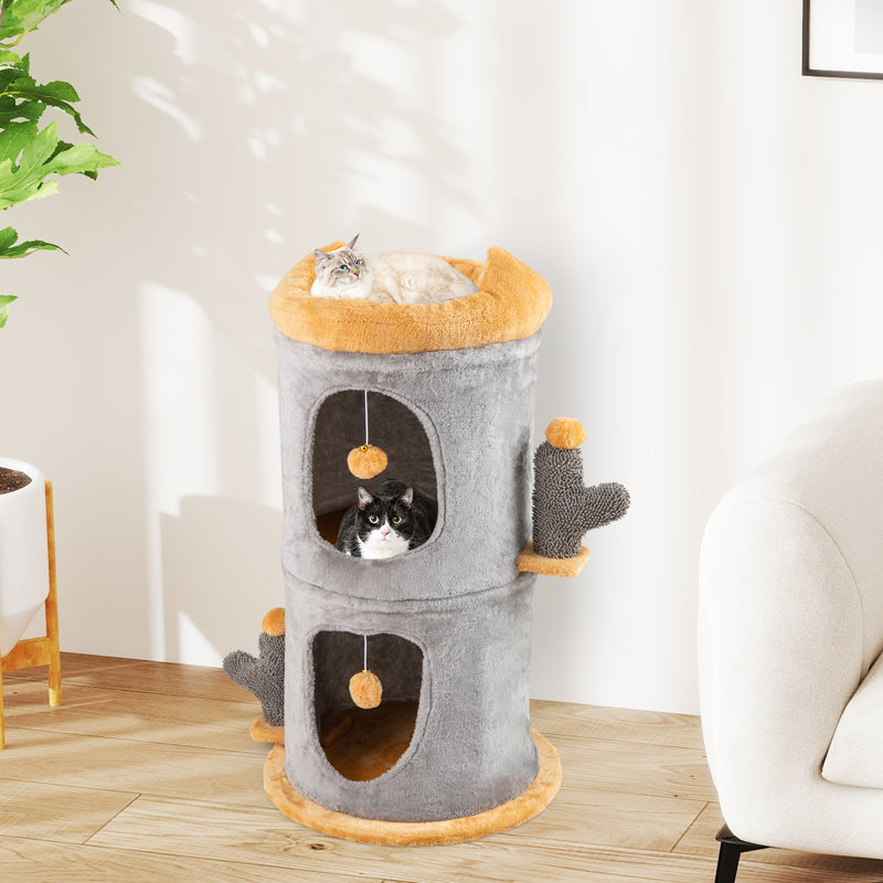 2-Story Cat House Cute Small Cat Tree Tower w/ 2 Cozy Condos-Grey