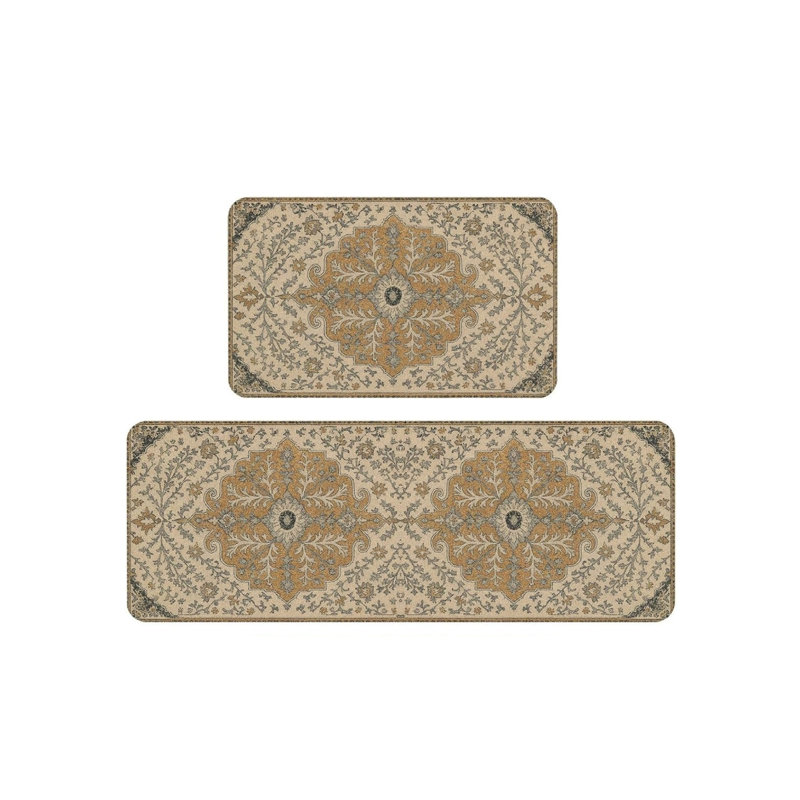 Ensemble de 2 tapis de cuisine beige et brun à motif oriental classique pour la cuisine et le salon