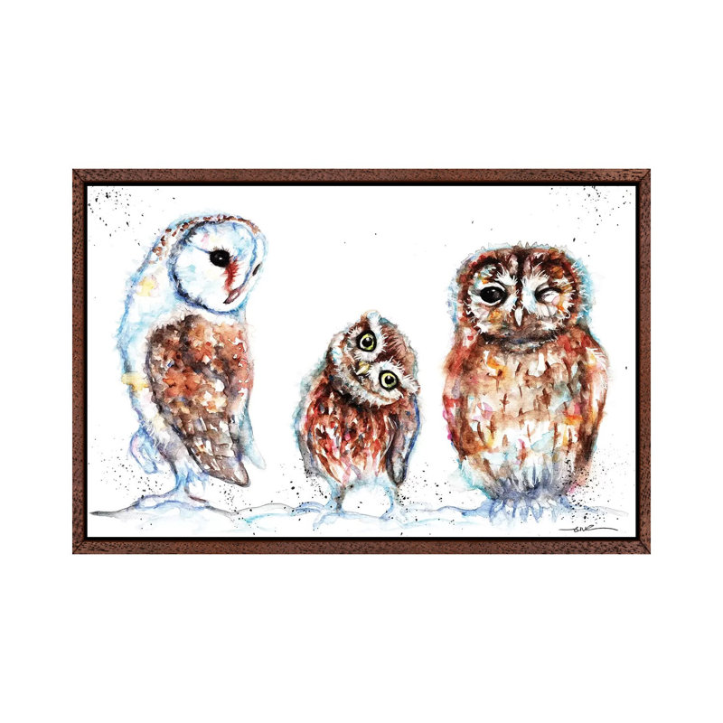 Trio Of Owls - Painting on Canvas, 45.72cm H x 66.04cm W x 3.81cm D, Classic Brown Wood Framed