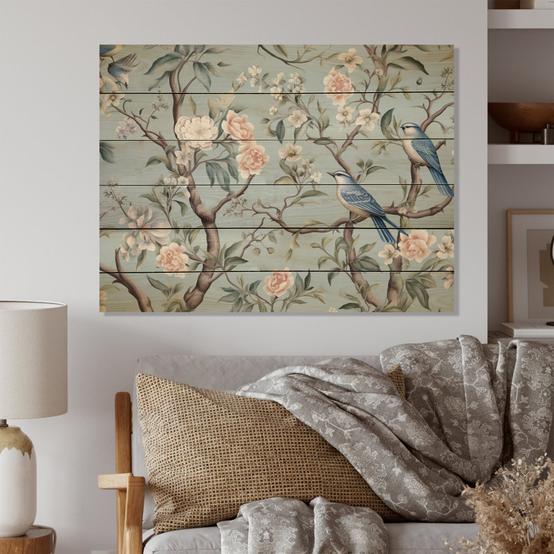 Minimalisme, oiseau sur fleurs II, impression sur bois, H 30 po x l 40 po x P 0,78 po