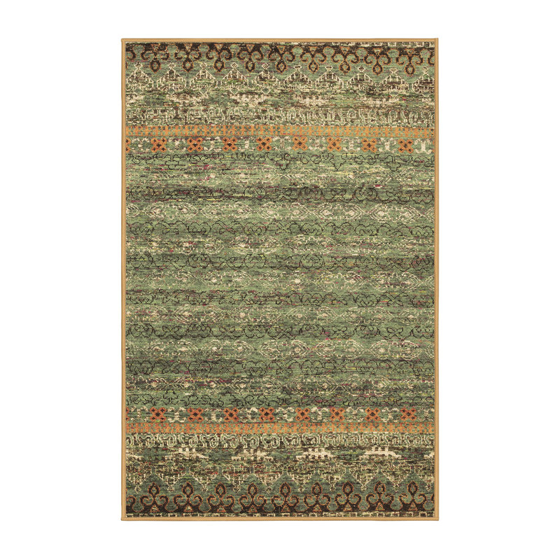 Tapis marocain en laine / polyester tissé à la machine en brun / vert, Rectangle 7 pi x 10 pi