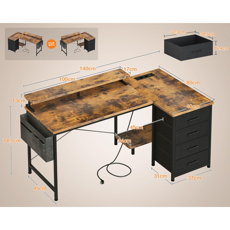Yatendra L-Shaped Metal Base Writing Desk with Power Outlet, Brown