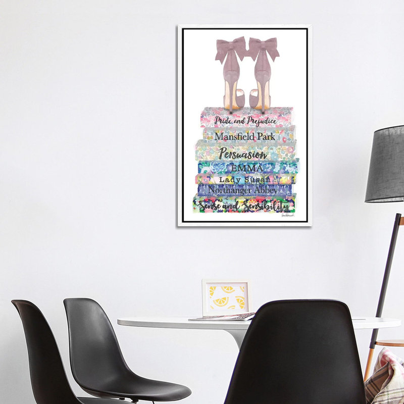 Austen Flower Books With Shoes by Amanda Greenwood - Painting on Canvas, 66.04 cm H x 45.72 cm W, White Framed Canvas