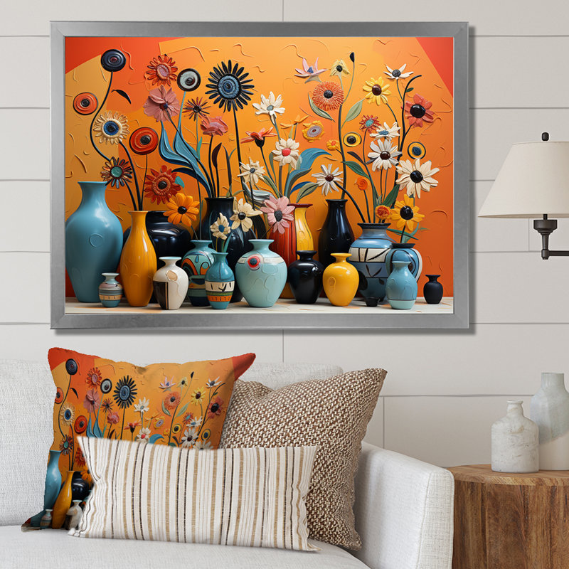 «Orange Boho Pottery Expressions II», art mural Boho, Cadre de coin argenté fermé, H 24 po x l 32 po x P 1 po