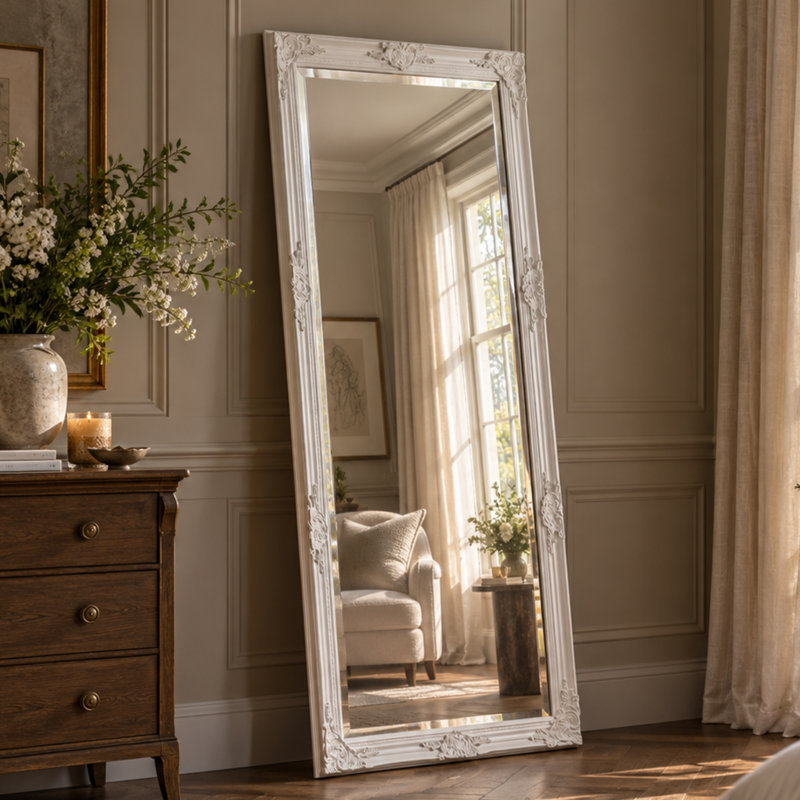 Madeleine Carved Classic Accent Mirror, 74cm W x 163cm W, White