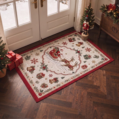 Tapis de salon lavable à poils ras, motif animaux de Noël, traîneau du Père Noël et rennes, ivoire/rouge