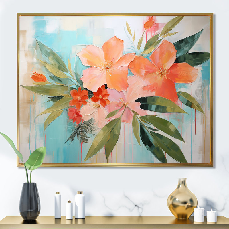 Art moderne moderne, fleurs tropicales roses et vertes - Collages abstraits, Cadre flottant doré
