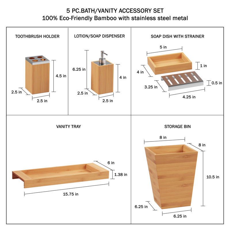 Lavish Home 5-Piece Bathroom Decor Set - Bamboo Vanity Accessories with Trash Bin, Soap Dish, Soap Dispenser, Toothbrush Holder, and Tray