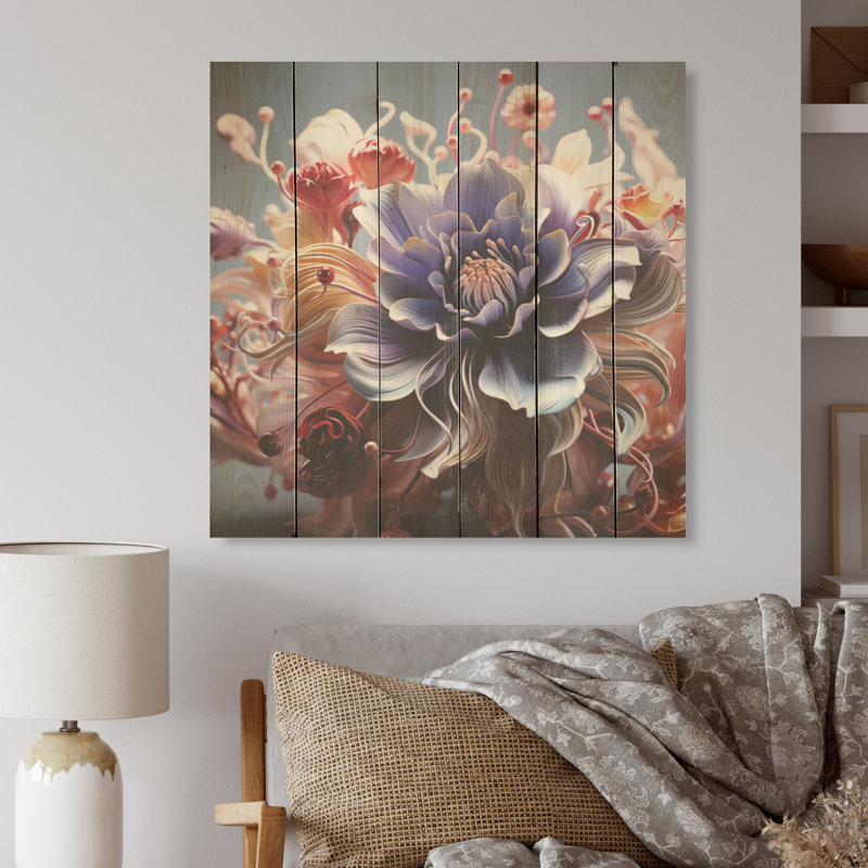 Abstrait floral chuchotements - art mural panneau de bois de violette sur bois de pin naturel, H 36 po x l 36 po