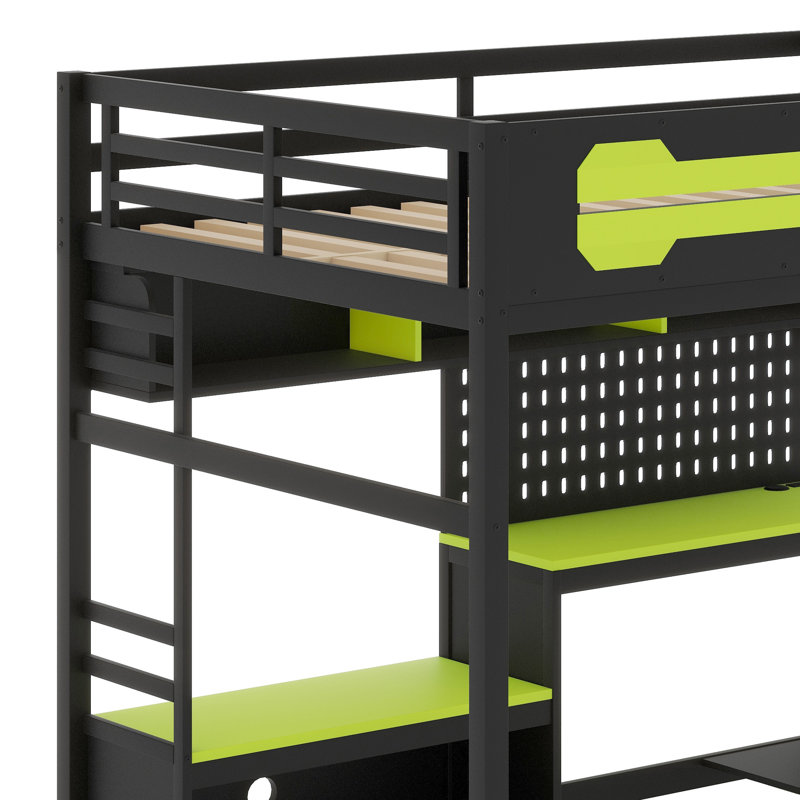 Lit mezzanine en bois avec bureau, Noir/vert