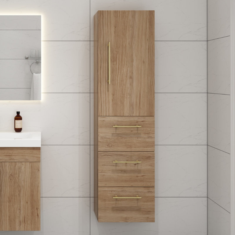 Eliza 16'' Gloss Gray Wall Mounted Side Cabinet, Champagne Oak/Gold