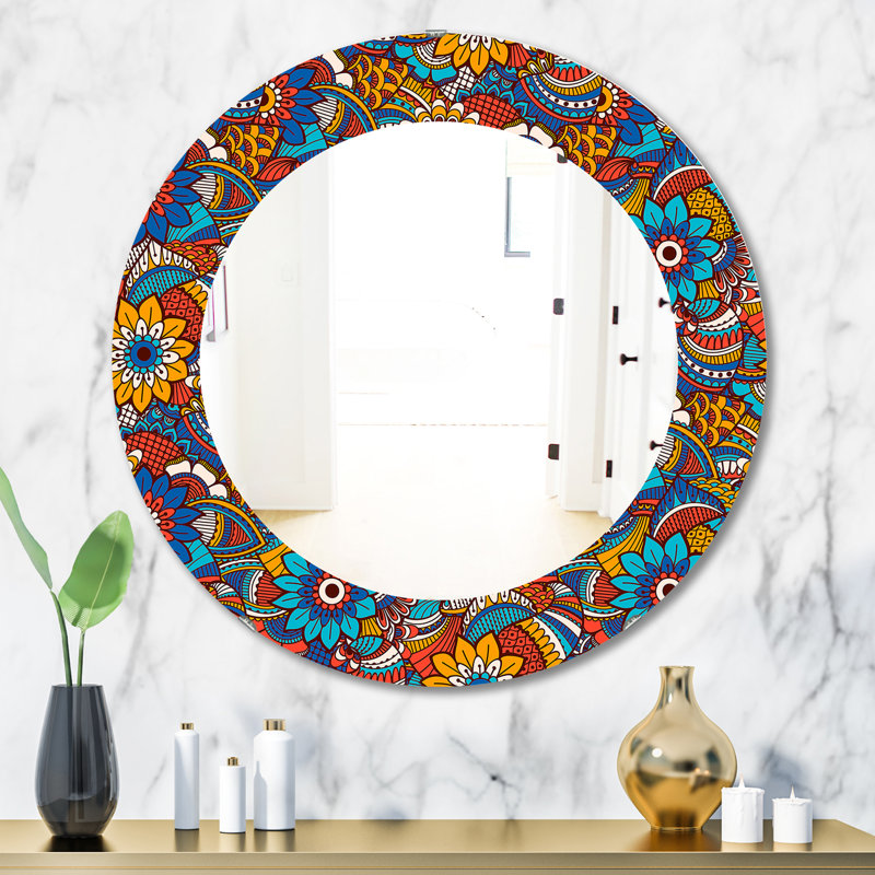 Motif dessiné à la main avec des éléments floraux - miroir bohémien et éclectique, H 31,5 po x l 23,7 po