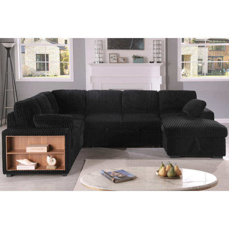 U-Shaped Sleeper Sectional Sofa with Pull Out Bed, Upholstered Sofa Bed Couch with Storage Chaise&Storage Armrest
