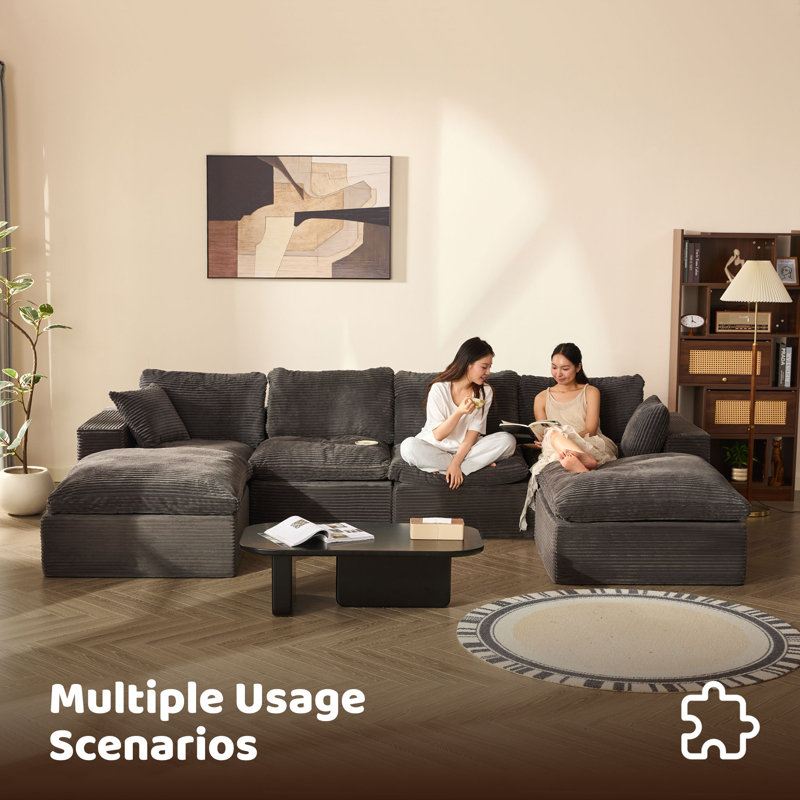Corduroy Sofa, 345cm-4U, Grey
