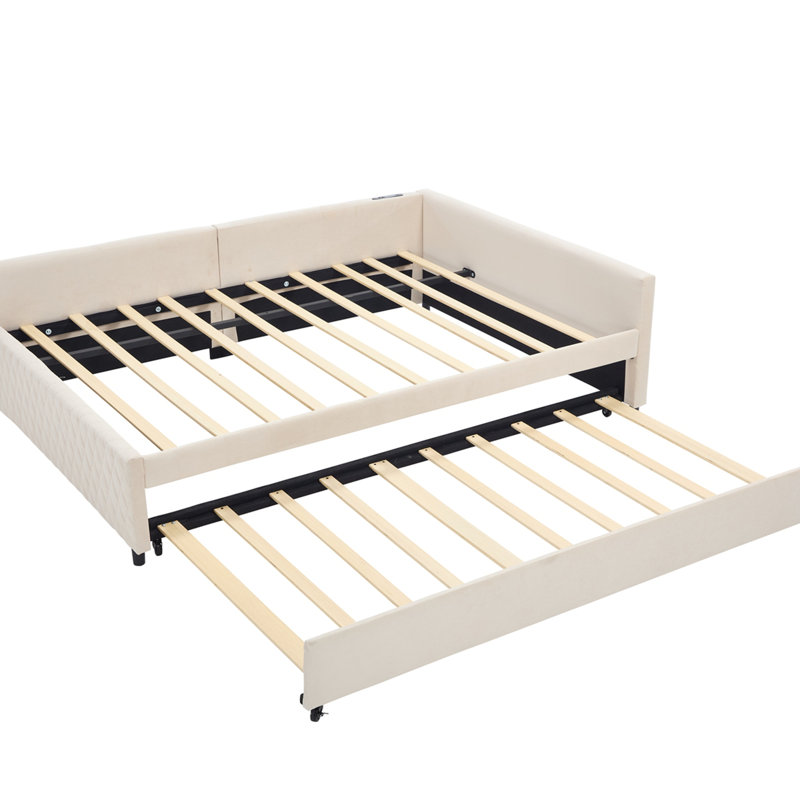 Upholstered Daybed With Trundle And Usb, Beige