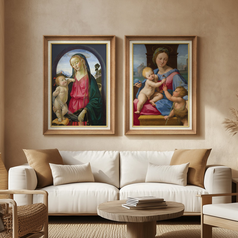 Madonna avec enfant et anges, scène sacrée classique - ensemble de 2 reproductions d'art encadrées de qualité supérieure sur papier 26 po x 36 po