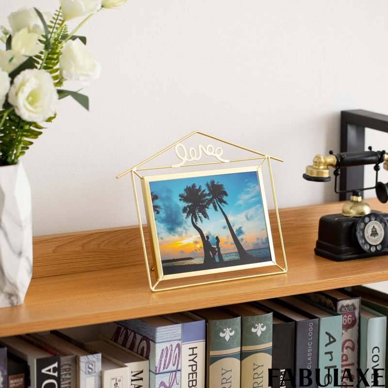  9x12-inch Decorative Gold Metal Floating Picture Frame For 6x8 Horizontal Photos With Easel Back For Home Office Living Room Bedroom Wedding Décor Tabletop Shelf Desk And Mantel Display