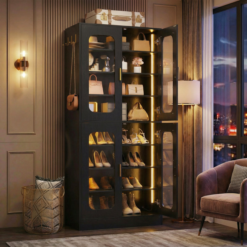 8-Tier Shoe Cabinet With LED Lighting And Adjustable Shelves, Black