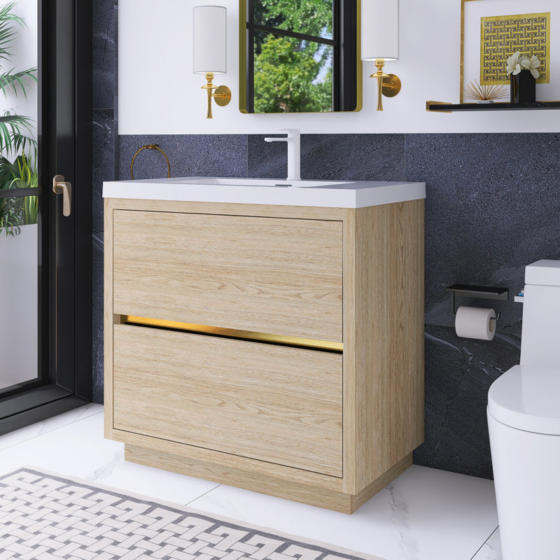 36 po Meuble-lavabo autoportant à simple cuve, Bois de chêne naturel