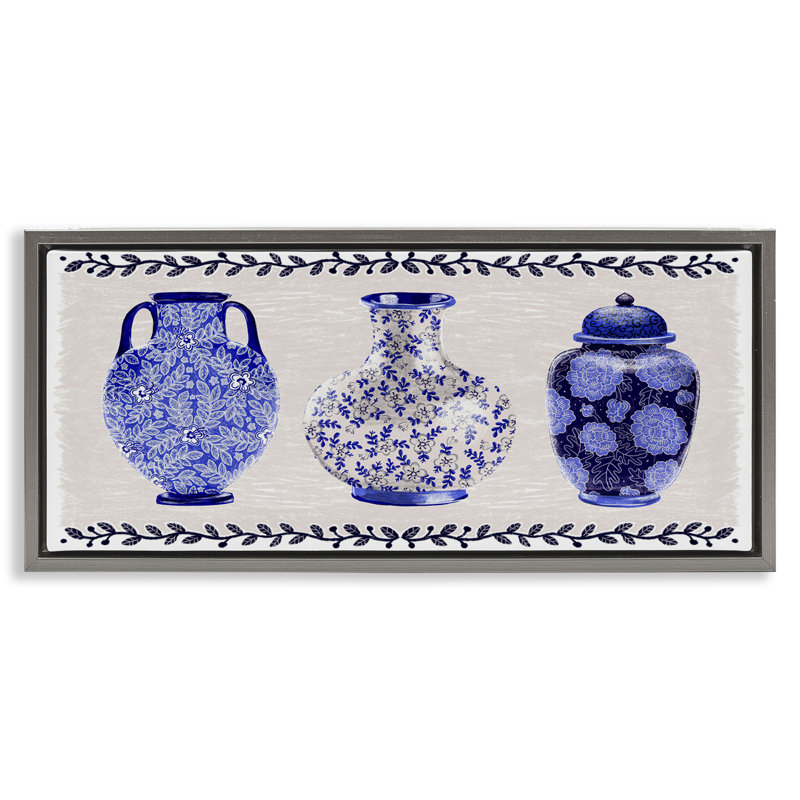 Art mural sur toile flottant encadré "Traditional Blue Vases" par Raquel Maciel, Gris, H 14 po x l 31 po