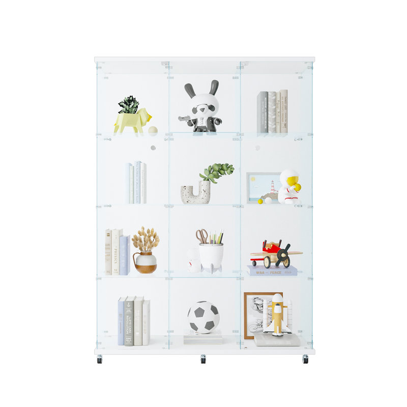 Enormous Glass Display Cabinet 4 Shelves, For Living Bedroom Office - Black White, Abundant Storage Compartment, Thick Tempered Surface, Solid Wood Build, Simple Assembly Process Extra Large 4-shelf