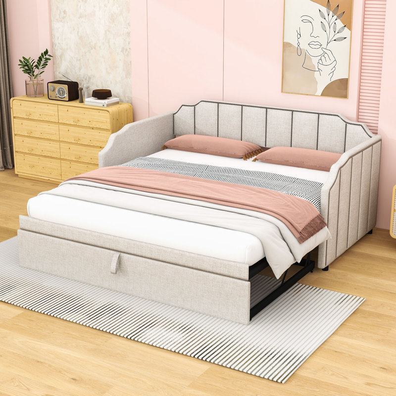 CanapÃ©-lit double rembourrÃ© avec lit gigogne double escamotable et ports USB, Beige