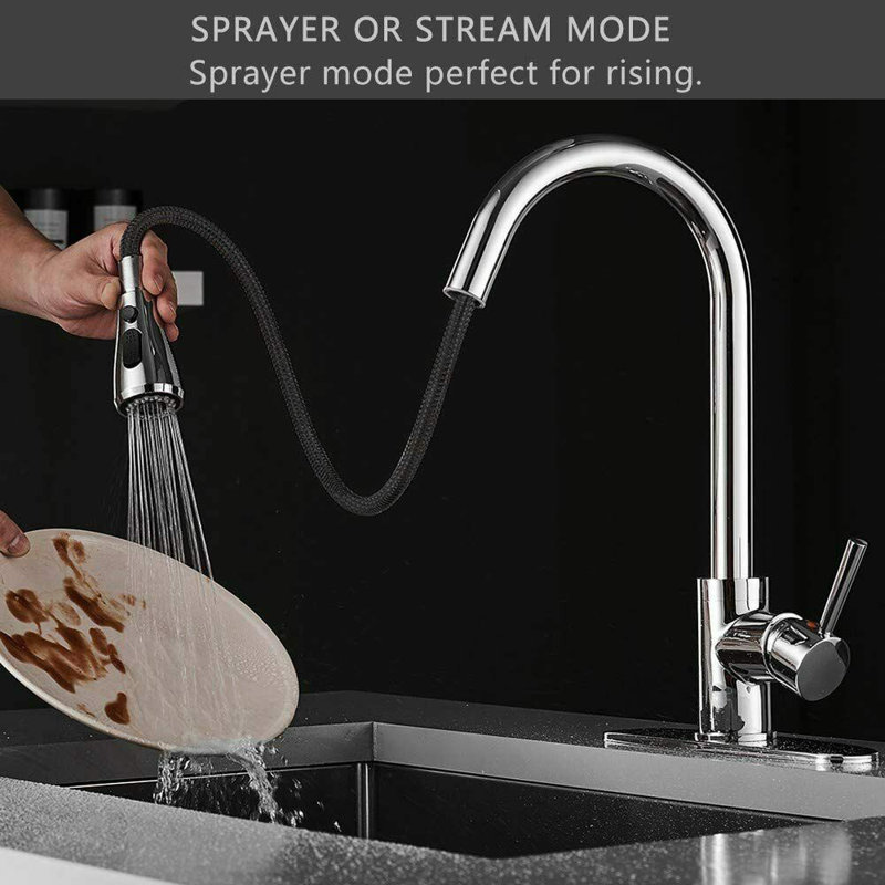 Robinet de cuisine rétractable à poignée simple avec accessoires, Brushed Nickel