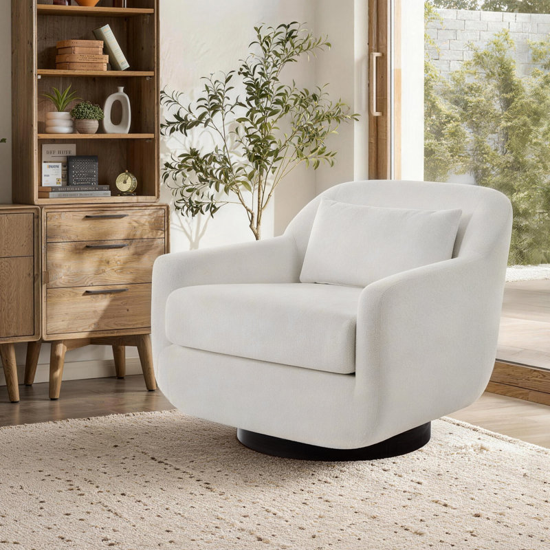 Upholstered Beige Chenille Swivel Oversized Lounge Armchair With Pillow And Metal Base, Beige