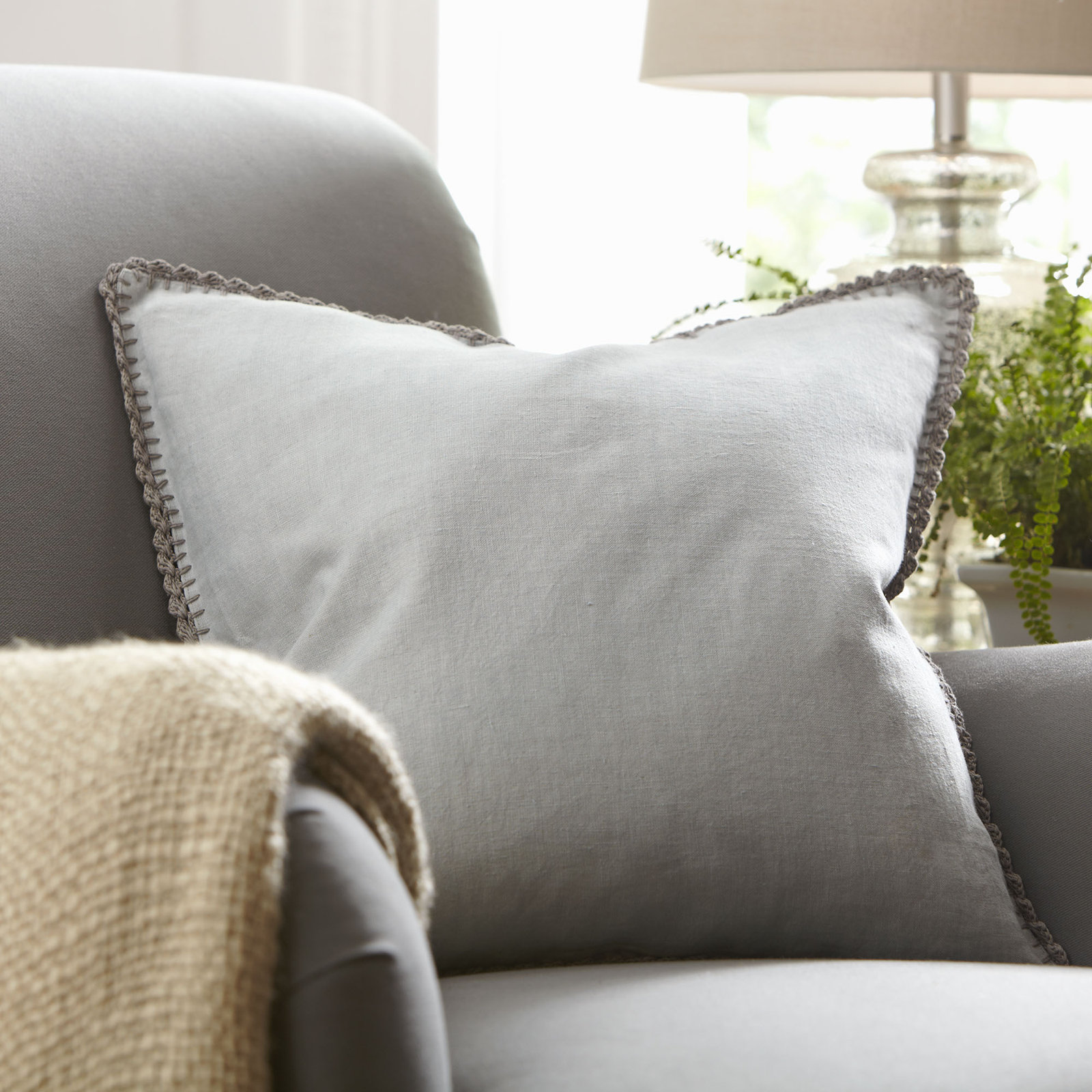 Stokes Embroidered Linen Throw Pillow, 20" x 20", Stone, Pillow Cover Only