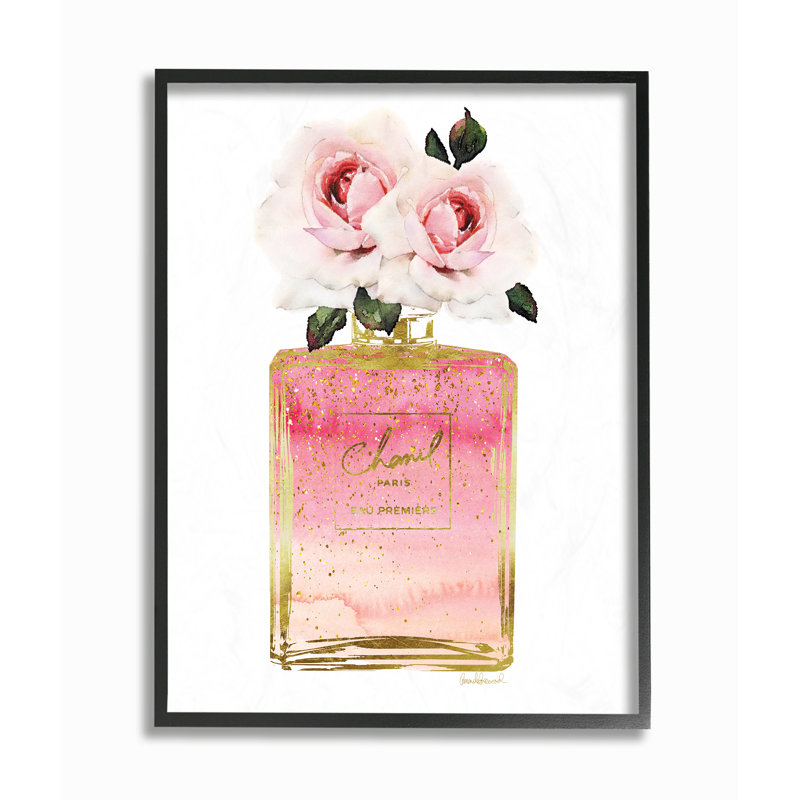 «Perfume Bottle with Roses», impression, Cadre noir, H 14 po x l 11 po x P 1,5 po