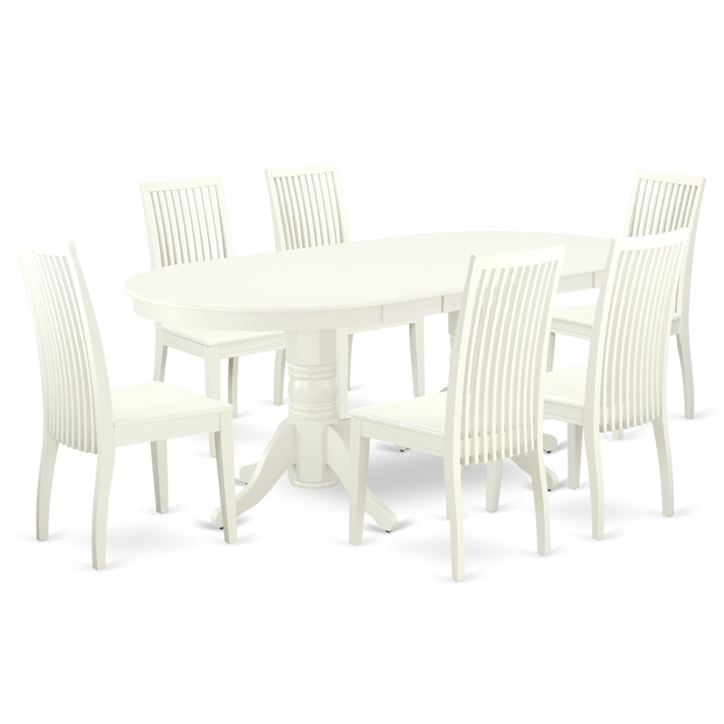 7 Piece Kitchen Table Set Consist of an Oval Dining Table with Butterfly Leaf and 6 Dining Room Chairs, Linen White